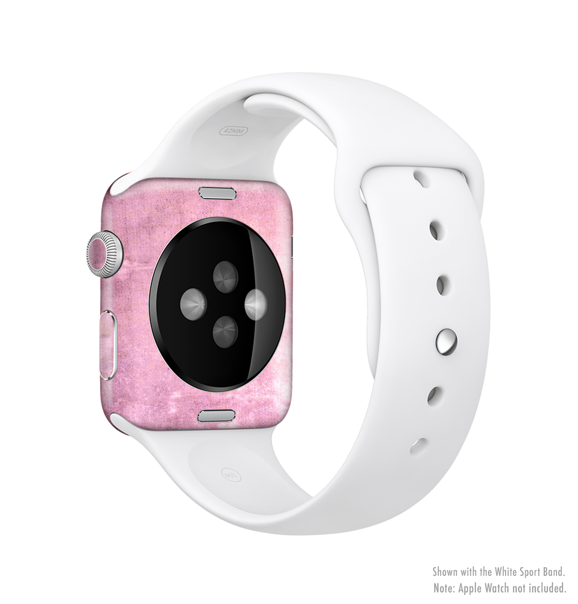 A stylish pink grungy surface texture skin kit designed for Apple Watch, showcasing its vibrant design and premium vinyl material.