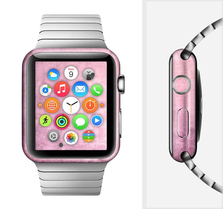 A stylish pink grungy surface texture skin kit designed for Apple Watch, showcasing its vibrant design and premium vinyl material.