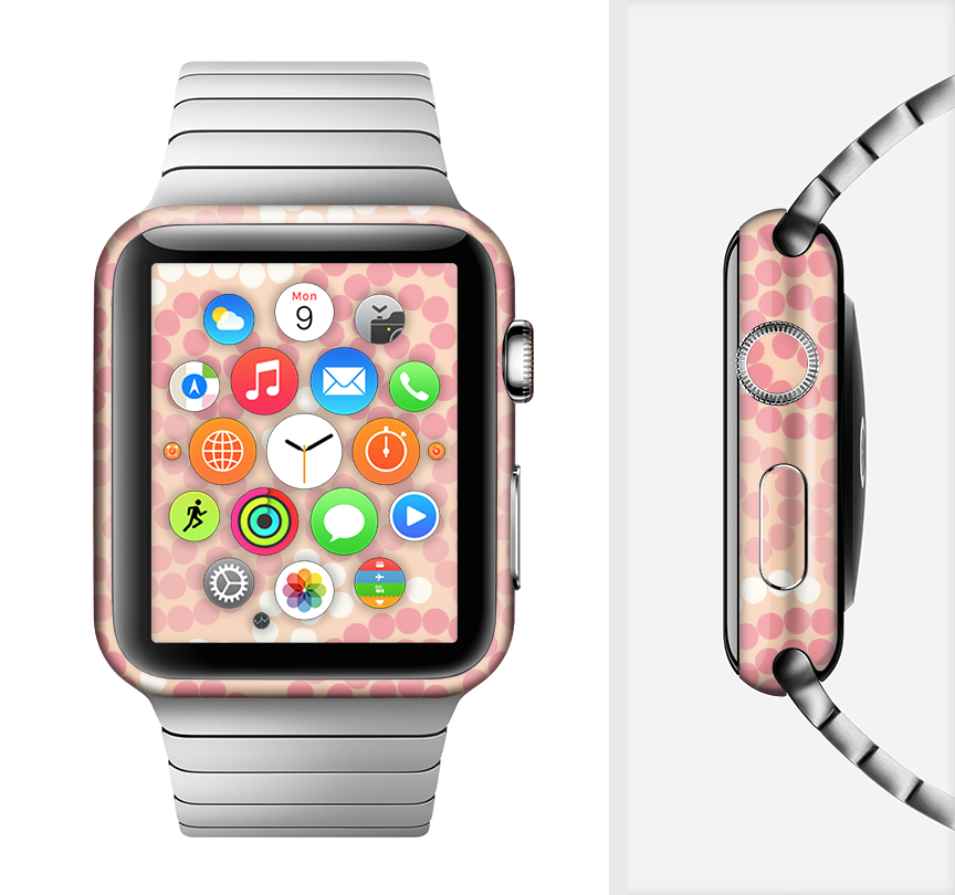 Pink Spiral Polka Dots Full-Body Skin Kit for Apple Watch, showcasing vibrant design and premium vinyl material.