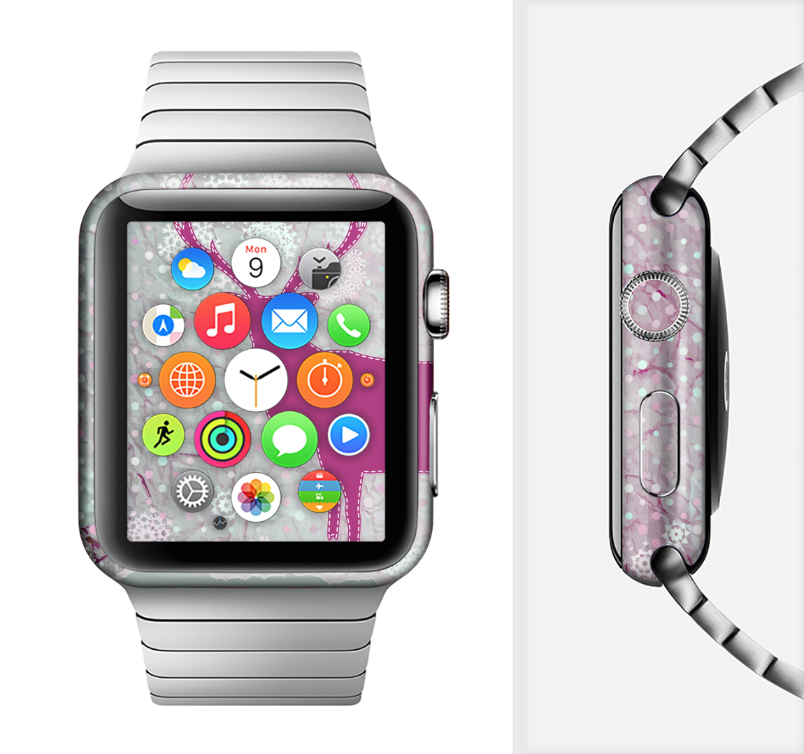 Pink Stitched Deer Collage Full-Body Skin Kit for Apple Watch, showcasing a stylish design with a premium vinyl finish.