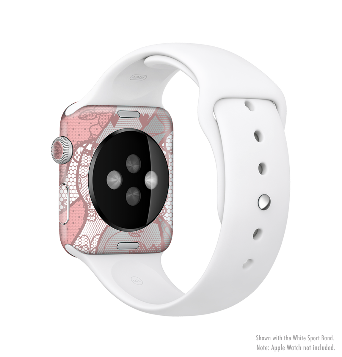 The Pink & Teal Lace Design Full-Body Skin Kit for Apple Watch, showcasing a vibrant lace pattern on a sleek vinyl surface.