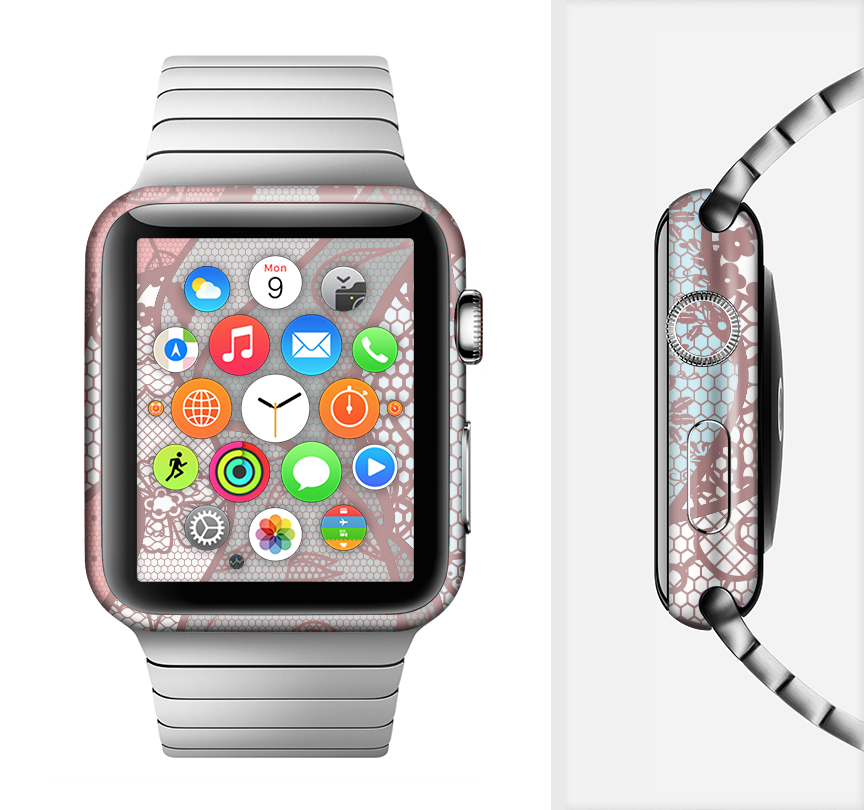 The Pink & Teal Lace Design Full-Body Skin Kit for Apple Watch, showcasing a vibrant lace pattern on a sleek vinyl surface.