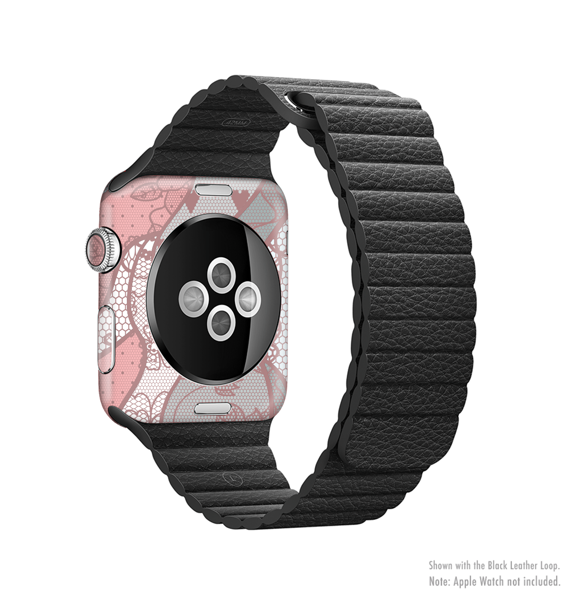 The Pink & Teal Lace Design Full-Body Skin Kit for Apple Watch, showcasing a vibrant lace pattern on a sleek vinyl surface.