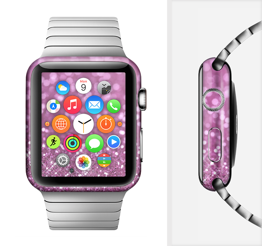 The Pink Unfocused Glimmer Full-Body Skin Kit for Apple Watch showcasing its vibrant pink color and glimmer finish.