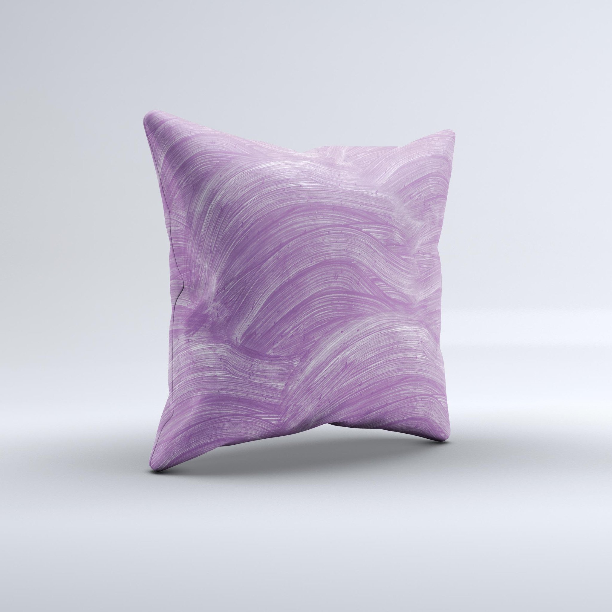 A beautifully handcrafted decorative throw pillow featuring purple brush strokes, showcasing unique imperfections and high-quality fabric.