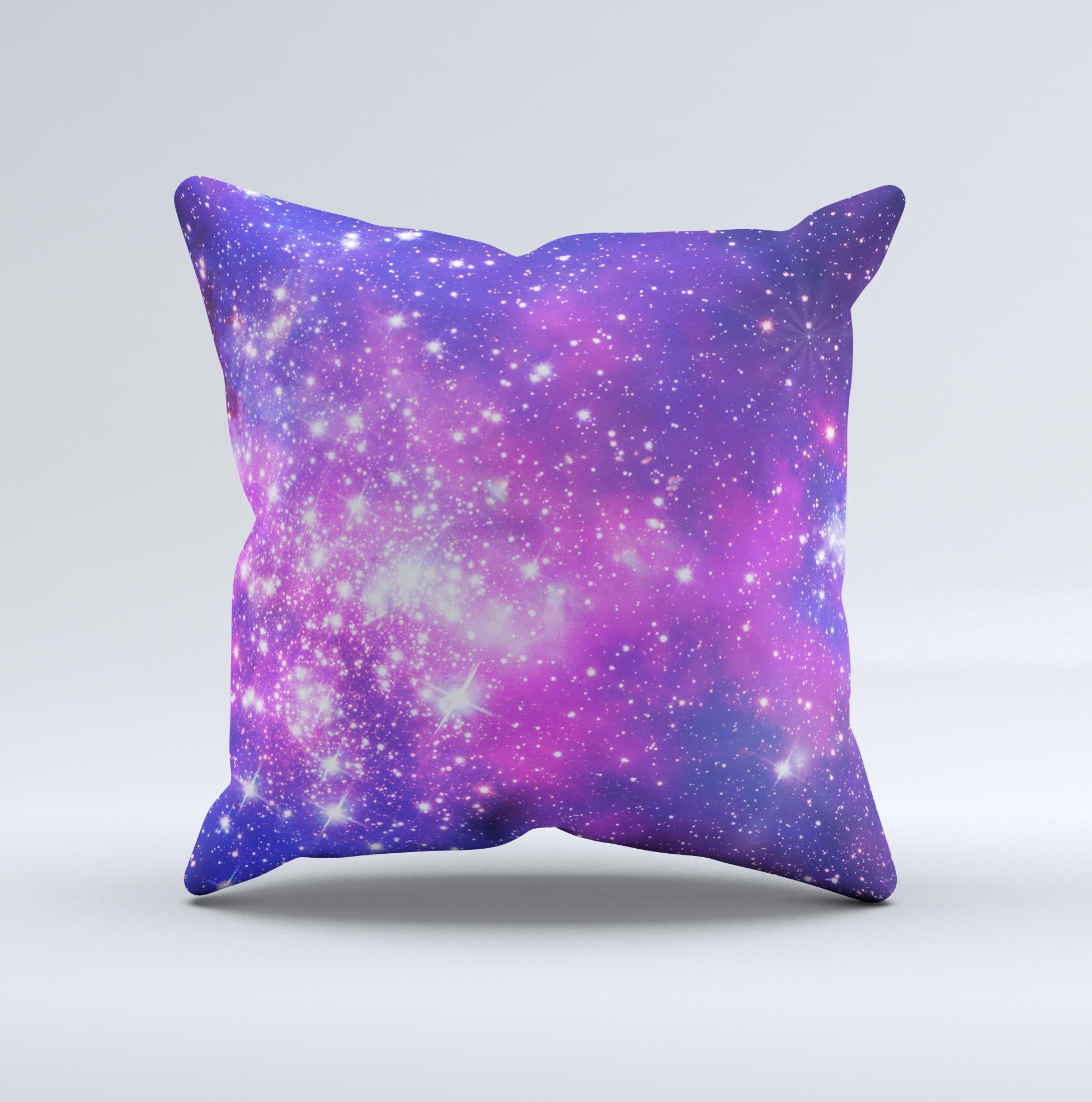 Purple and pink decorative throw pillow with unique ink-fuzed design, handcrafted in Virginia, showcasing high-quality fabric and filling.