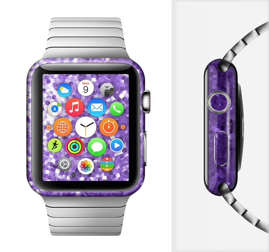 The Purple Shaded Sequence Full-Body Skin Kit for Apple Watch, showcasing a vibrant purple design that fits snugly around the watch.