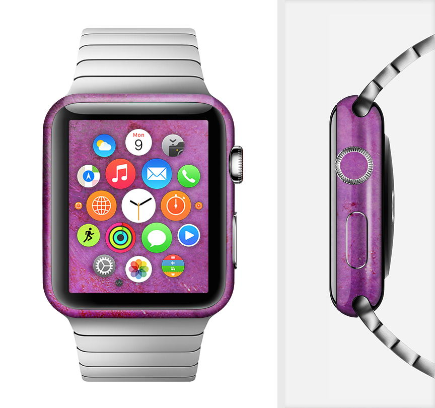 The Purple Water Colors Full-Body Skin Kit for Apple Watch, showcasing a vibrant purple water color design on a sleek watch.