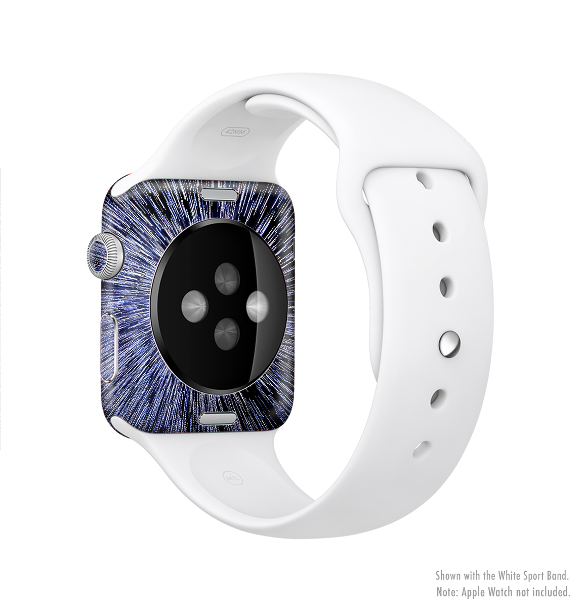 The Purple Zooming Lights Full-Body Skin Kit for Apple Watch, showcasing a vibrant purple design with dynamic zooming lights pattern.