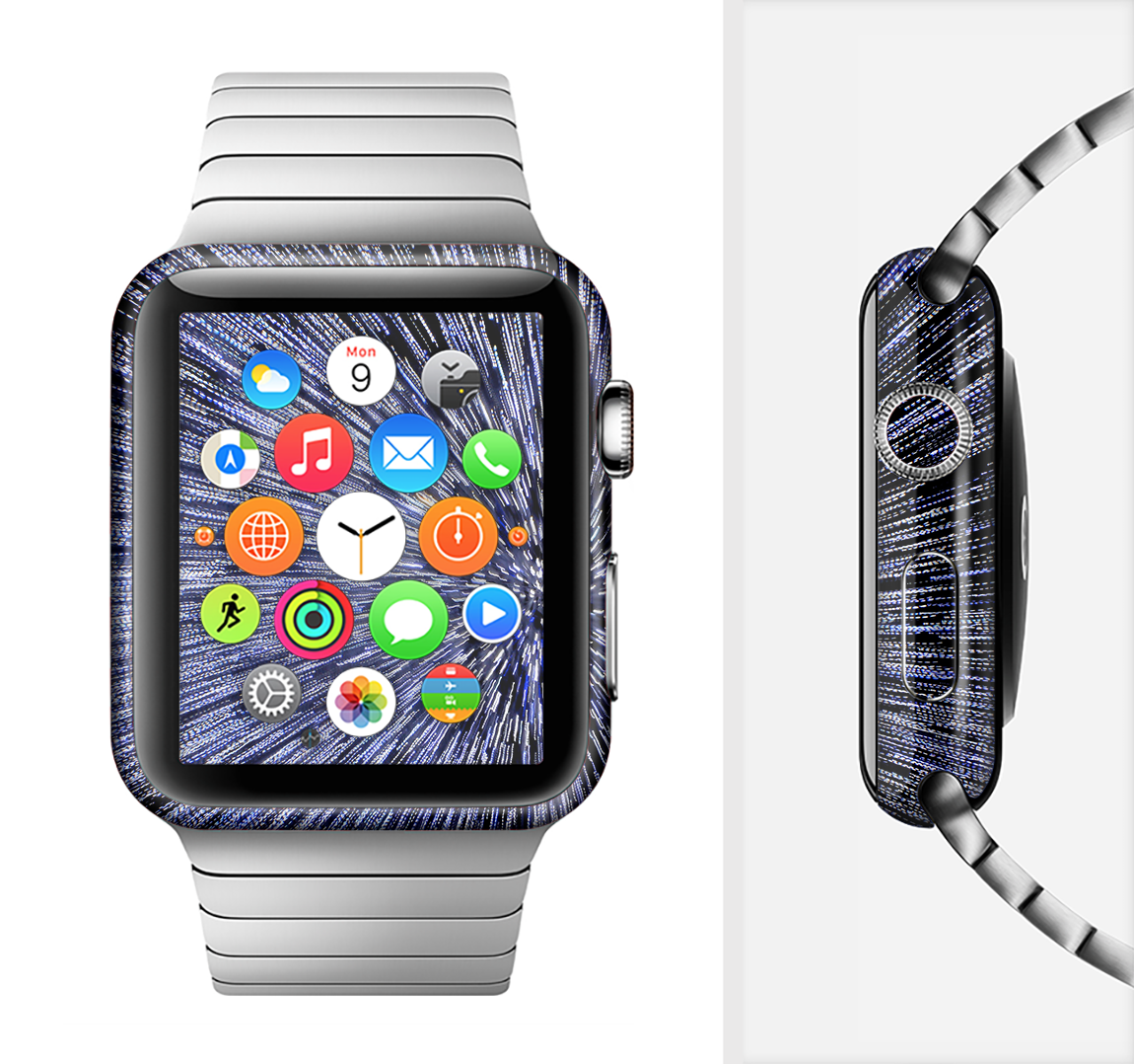 The Purple Zooming Lights Full-Body Skin Kit for Apple Watch, showcasing a vibrant purple design with dynamic zooming lights pattern.