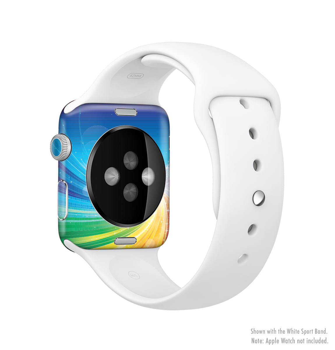 The Rainbow Hd Waves Full-Body Skin Kit for Apple Watch featuring a vibrant rainbow design, showcasing its protective vinyl material.