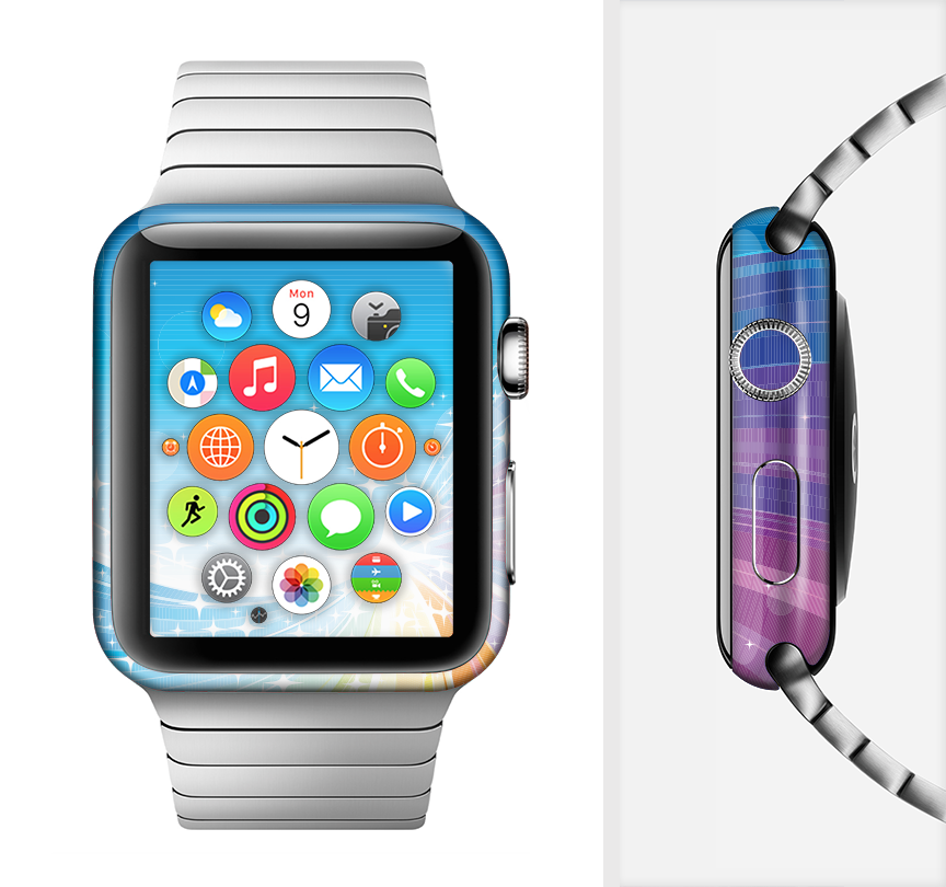 The Rainbow Hd Waves Full-Body Skin Kit for Apple Watch featuring a vibrant rainbow design, showcasing its protective vinyl material.