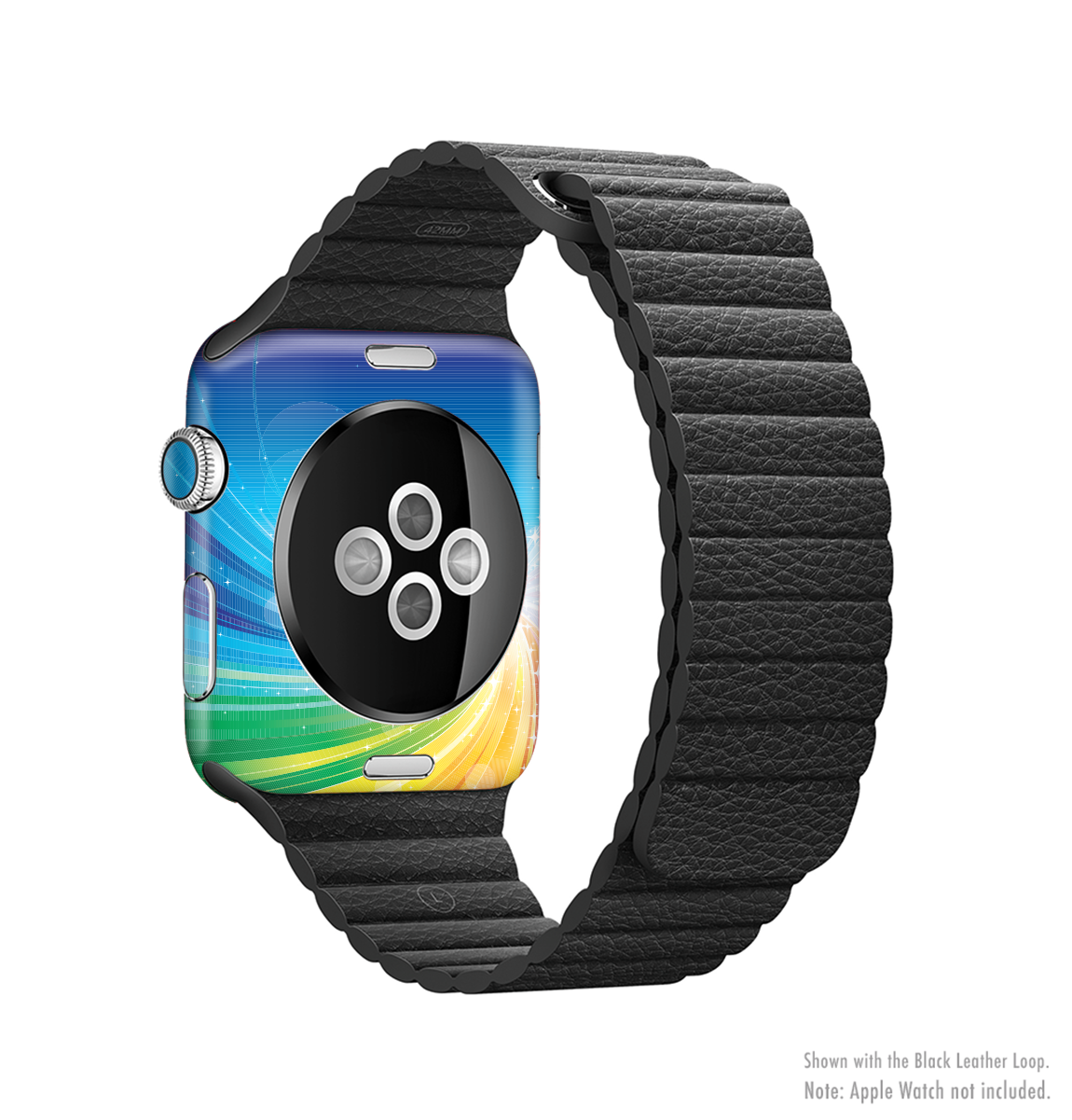 The Rainbow Hd Waves Full-Body Skin Kit for Apple Watch featuring a vibrant rainbow design, showcasing its protective vinyl material.