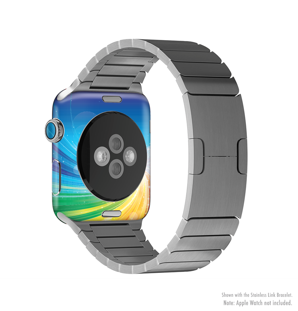 The Rainbow Hd Waves Full-Body Skin Kit for Apple Watch featuring a vibrant rainbow design, showcasing its protective vinyl material.