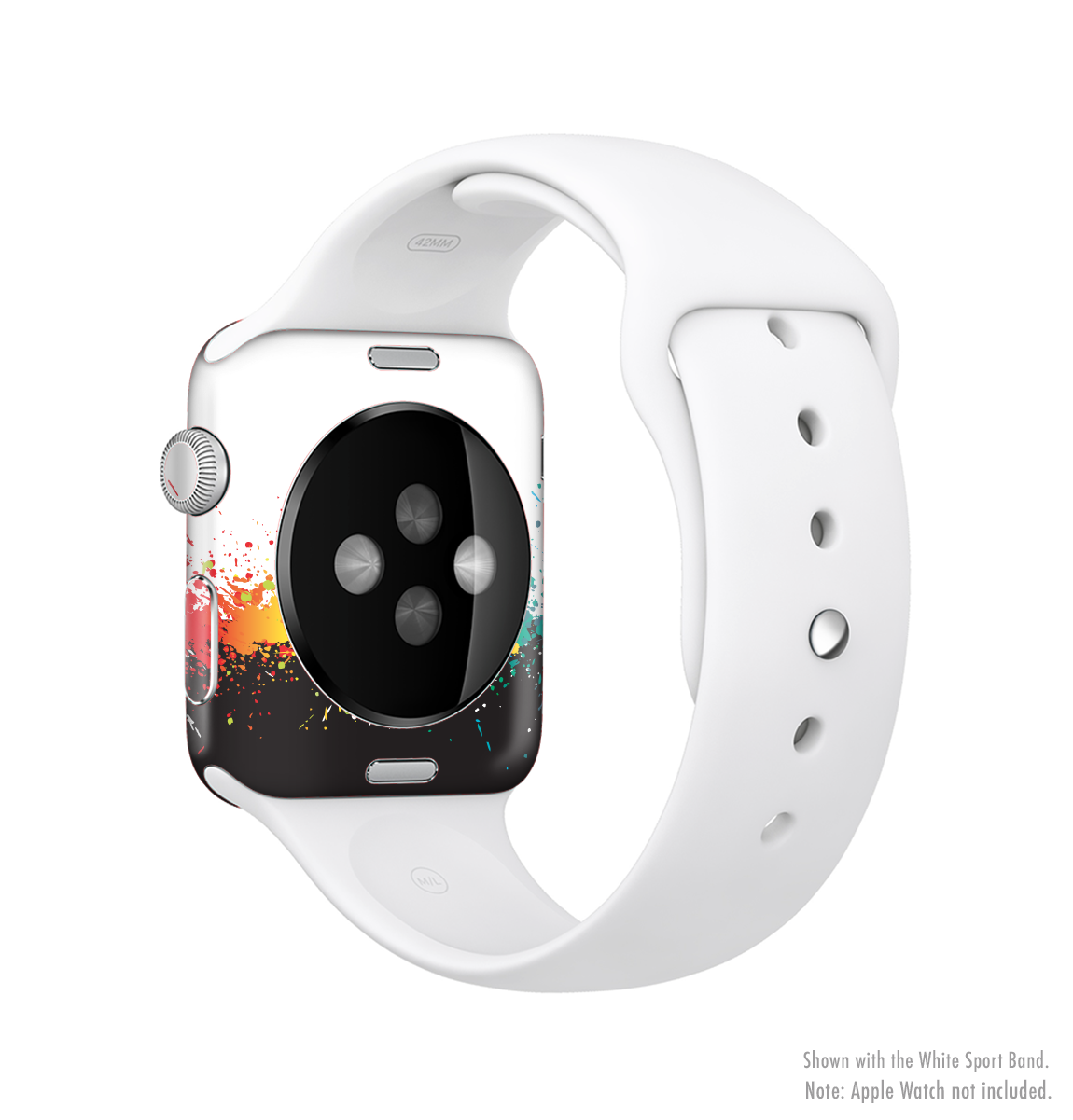 Rainbow Paint Spatter Full-Body Skin Kit for Apple Watch, showcasing vibrant colors and a sleek design.