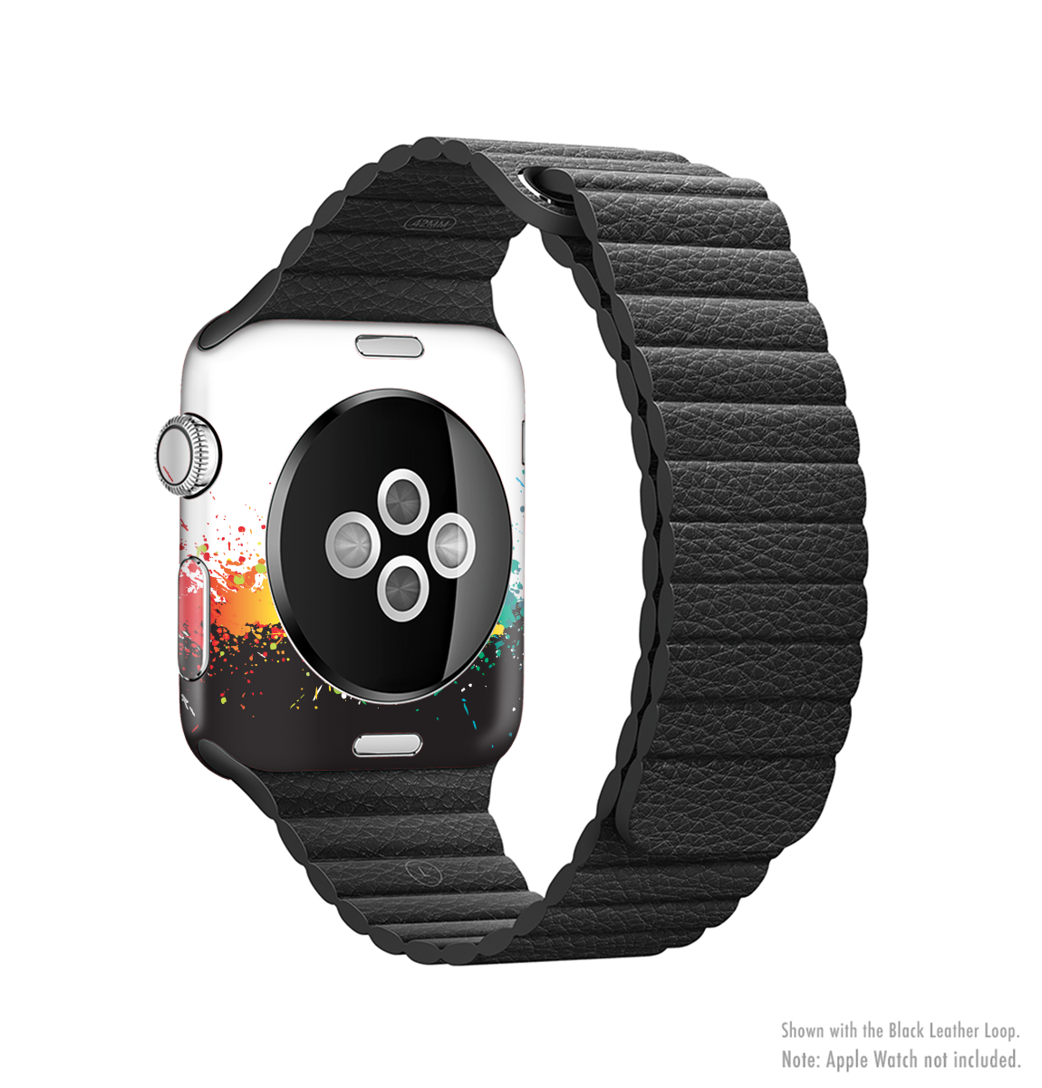 Rainbow Paint Spatter Full-Body Skin Kit for Apple Watch, showcasing vibrant colors and a sleek design.