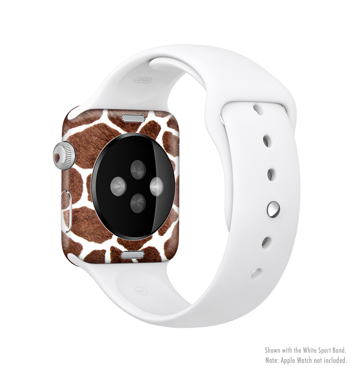 The Real Giraffe Animal Print Full-Body Skin Kit for Apple Watch, showcasing a vibrant giraffe pattern on premium vinyl.