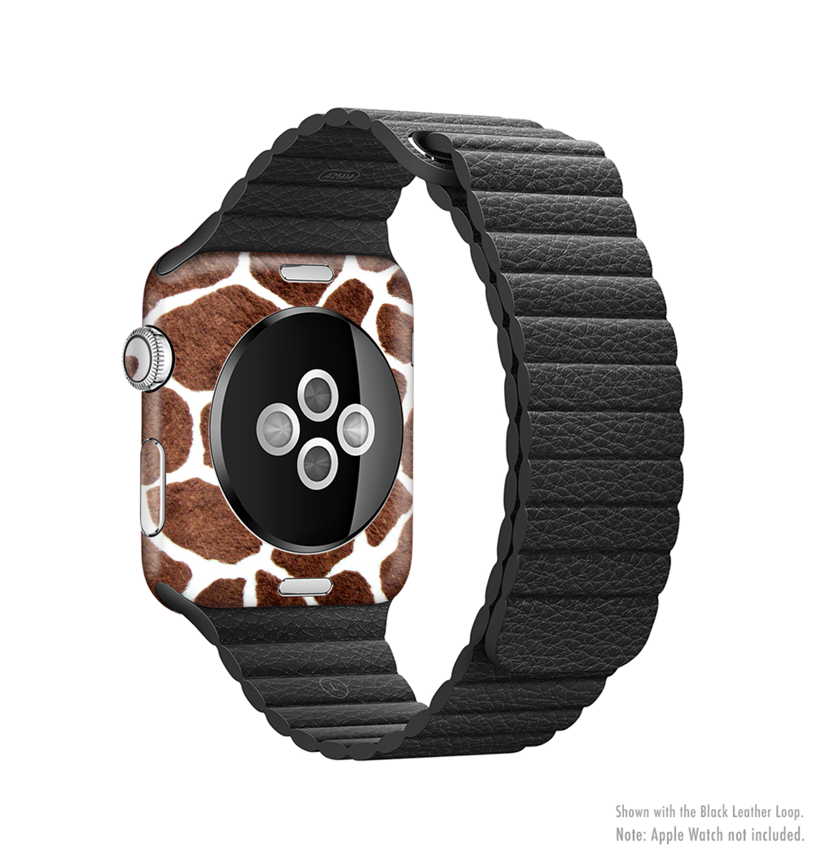 The Real Giraffe Animal Print Full-Body Skin Kit for Apple Watch, showcasing a vibrant giraffe pattern on premium vinyl.