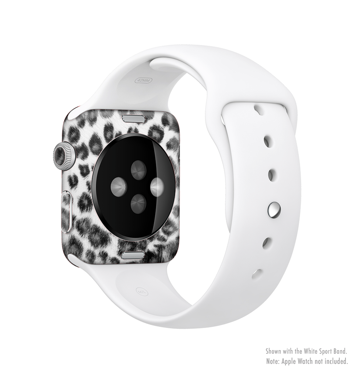 Real Snow Leopard Hide Full-Body Skin Kit for Apple Watch, showcasing a stylish snow leopard pattern on premium vinyl.