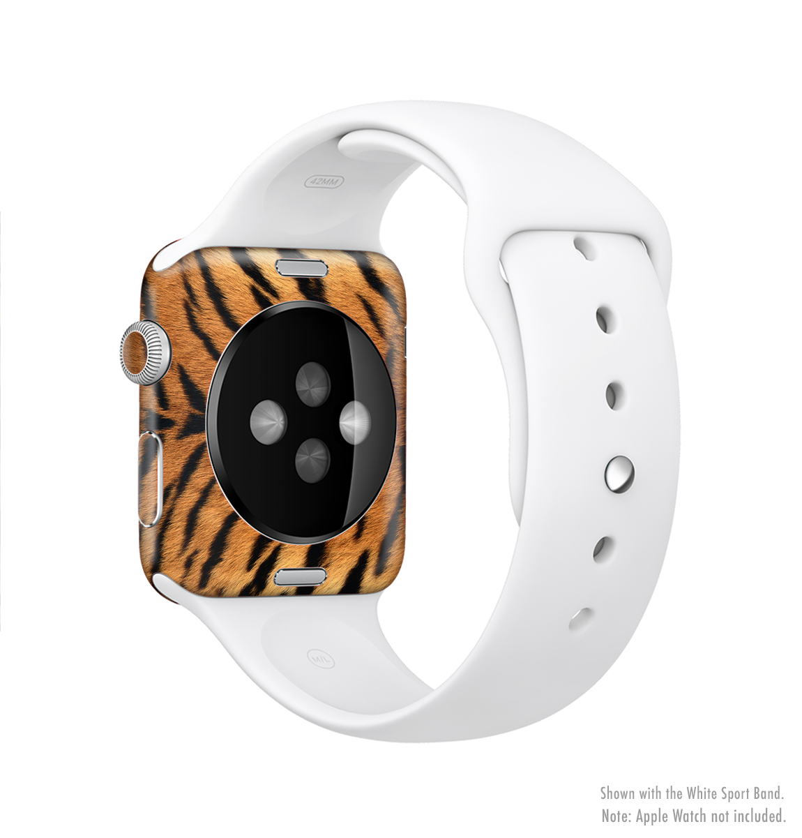 The Real Tiger Print Texture Full-Body Skin Kit for Apple Watch, showcasing a vibrant tiger print design on a sleek vinyl surface.