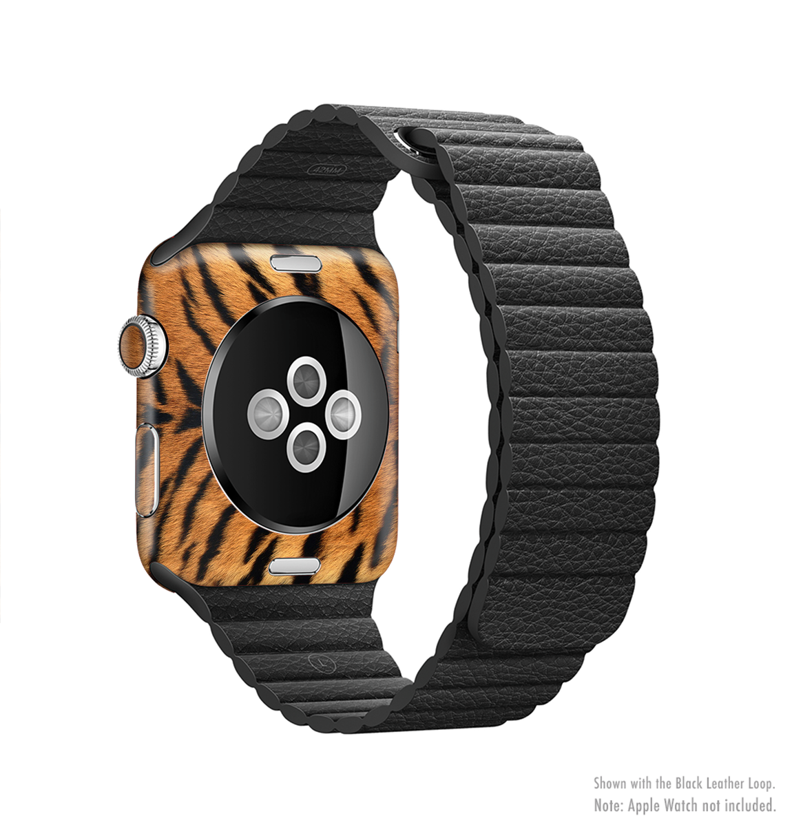 The Real Tiger Print Texture Full-Body Skin Kit for Apple Watch, showcasing a vibrant tiger print design on a sleek vinyl surface.