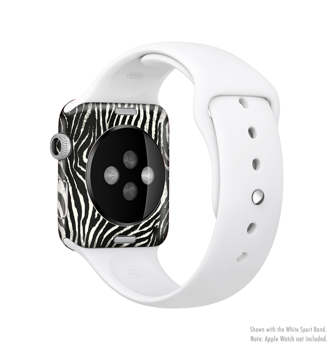 The Real Vector Zebra Print Full-Body Skin Kit for Apple Watch, showcasing a stylish zebra pattern on a sleek vinyl surface.