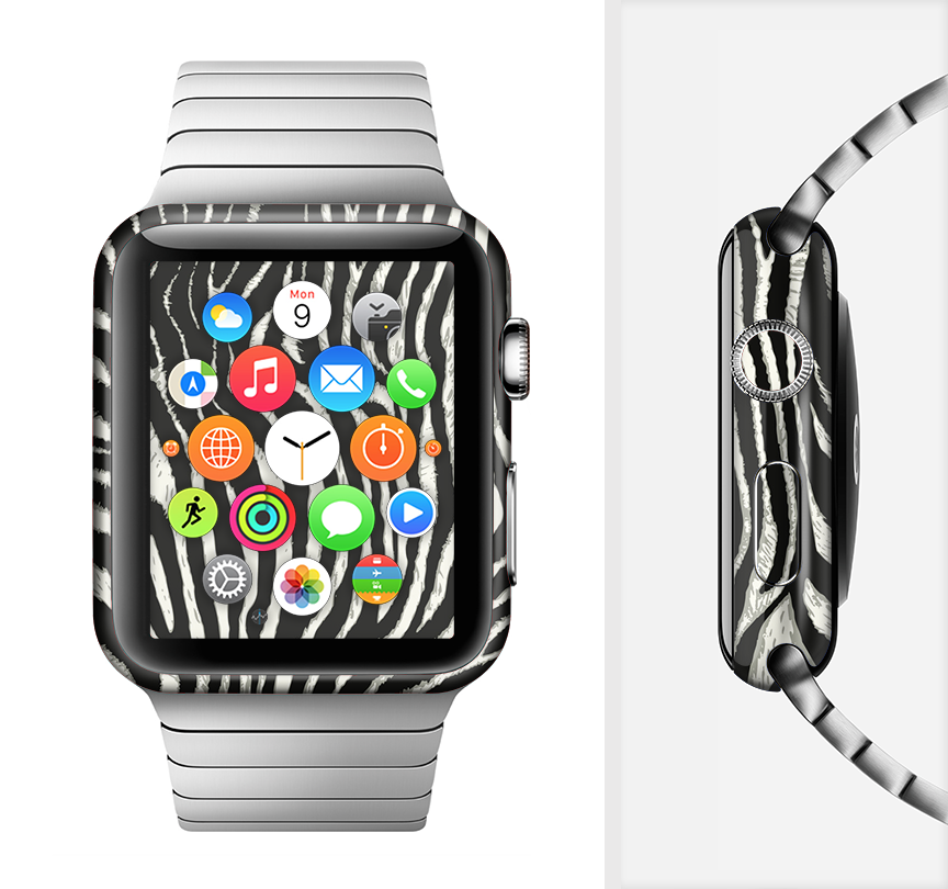 The Real Vector Zebra Print Full-Body Skin Kit for Apple Watch, showcasing a stylish zebra pattern on a sleek vinyl surface.