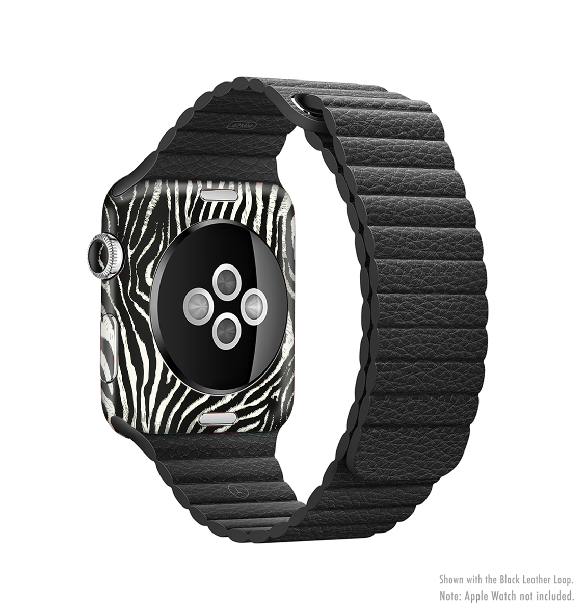 The Real Vector Zebra Print Full-Body Skin Kit for Apple Watch, showcasing a stylish zebra pattern on a sleek vinyl surface.