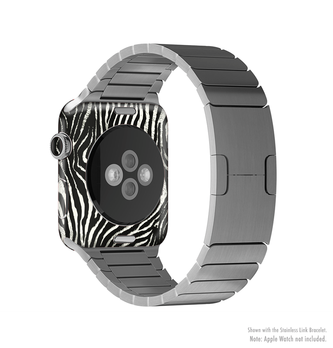 The Real Vector Zebra Print Full-Body Skin Kit for Apple Watch, showcasing a stylish zebra pattern on a sleek vinyl surface.