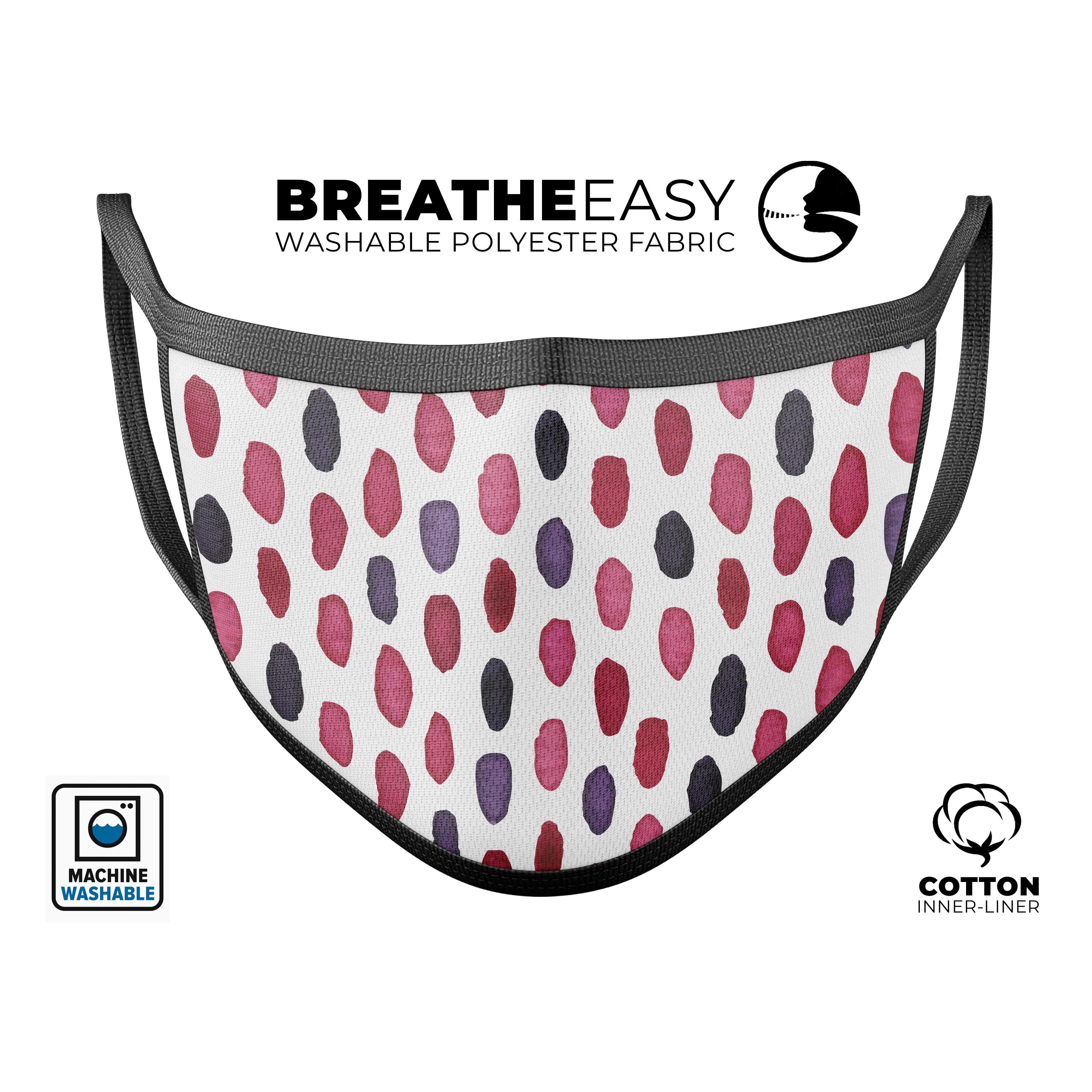 Red and Purple Water Marks mouth cover, a stylish and adjustable face mask made in the USA, featuring a dye-sublimated design.