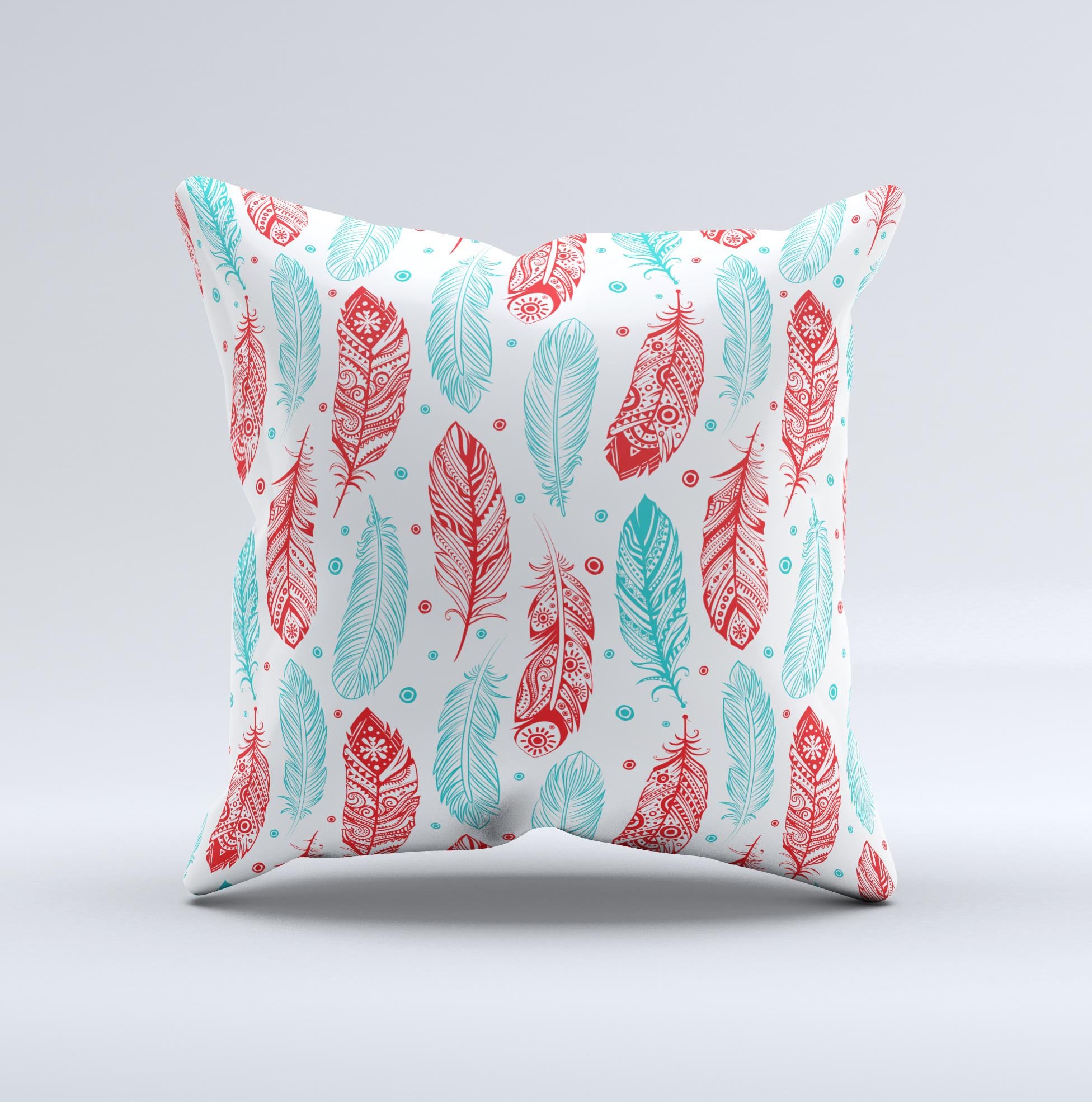 Handcrafted Red & Blue Feather Pattern ink-Fuzed Decorative Throw Pillow with high thread count fabric and unique design.