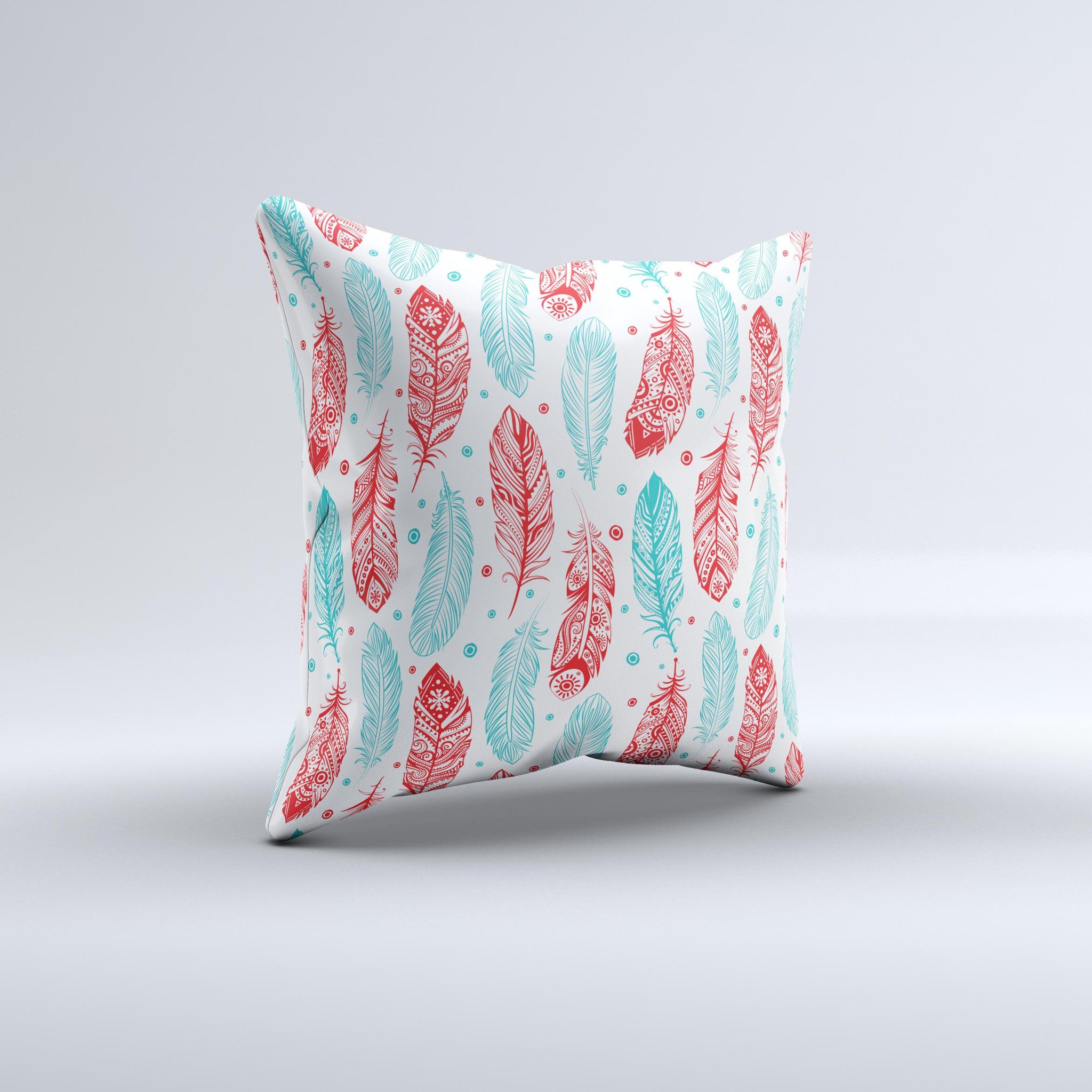 Handcrafted Red & Blue Feather Pattern ink-Fuzed Decorative Throw Pillow with high thread count fabric and unique design.