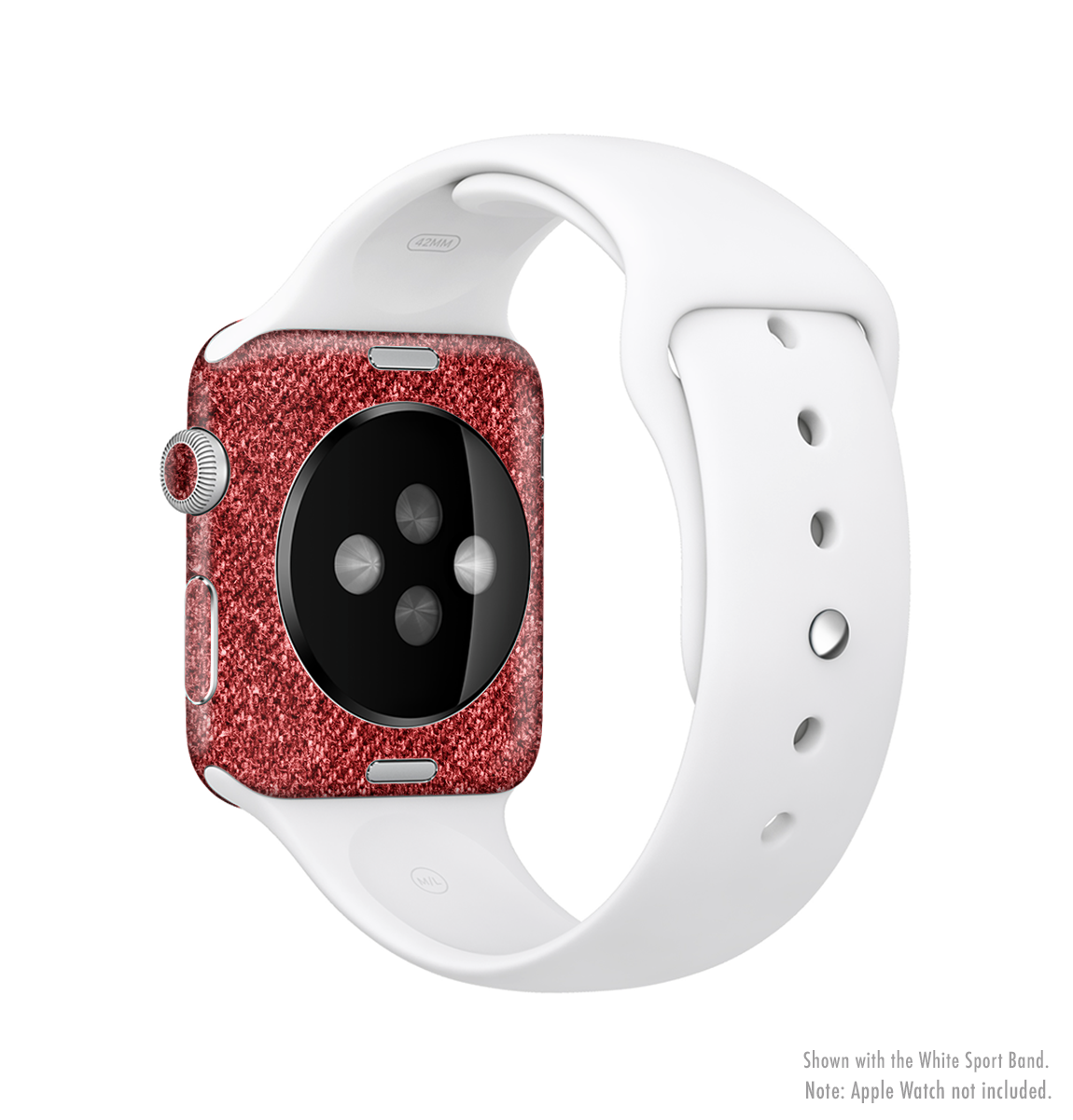 The Red Fabric Full-Body Skin Kit for Apple Watch, showcasing a vibrant red fabric design that fits snugly around the watch.