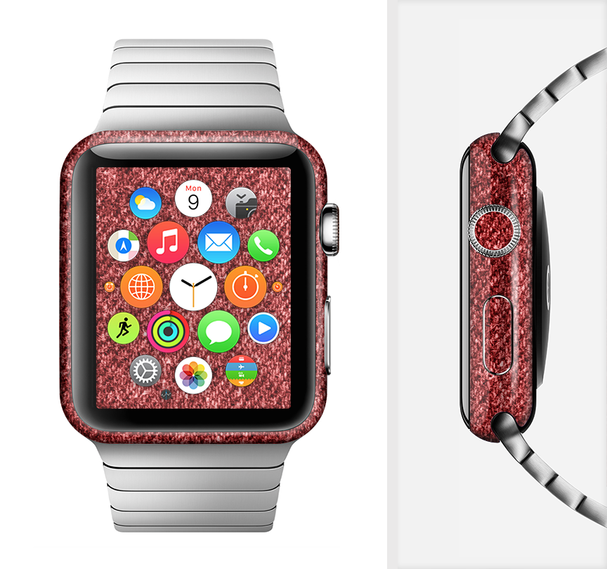 The Red Fabric Full-Body Skin Kit for Apple Watch, showcasing a vibrant red fabric design that fits snugly around the watch.