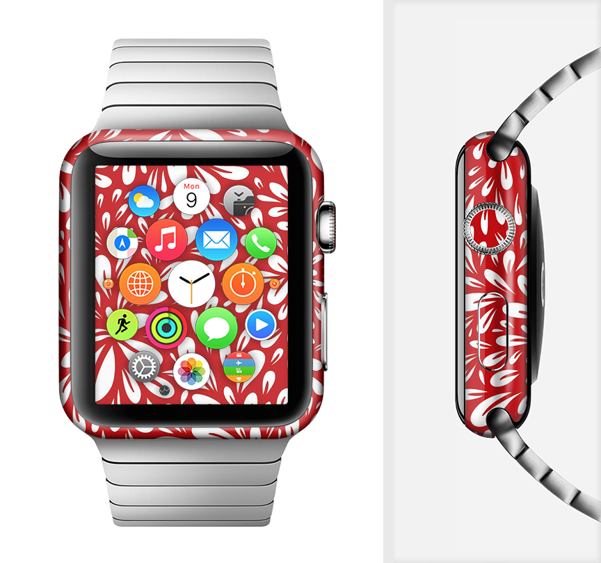 The Red Floral Sprout Full-Body Skin Kit for Apple Watch showcasing vibrant floral design and premium vinyl material.