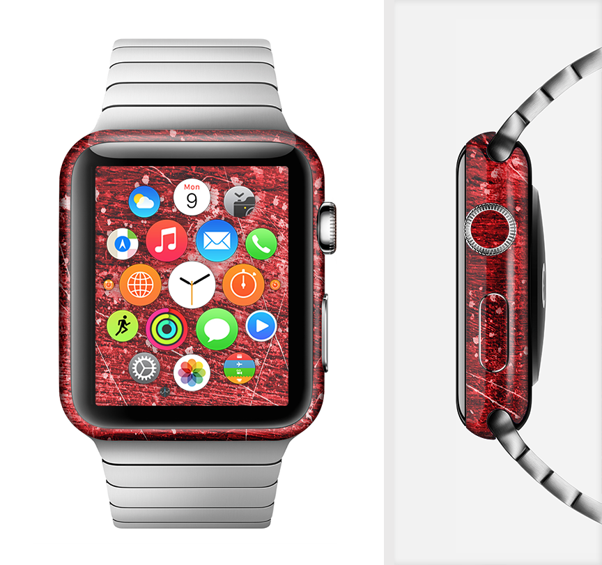 Red Grunge Paint Splatter Full-Body Skin Kit for Apple Watch, showcasing vibrant colors and artistic design.