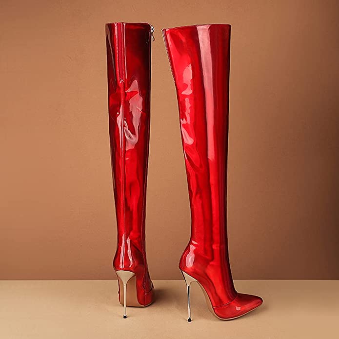 The Red Nevari Over the Knee Boot showcasing its elegant design, plush interior, and stylish red color.