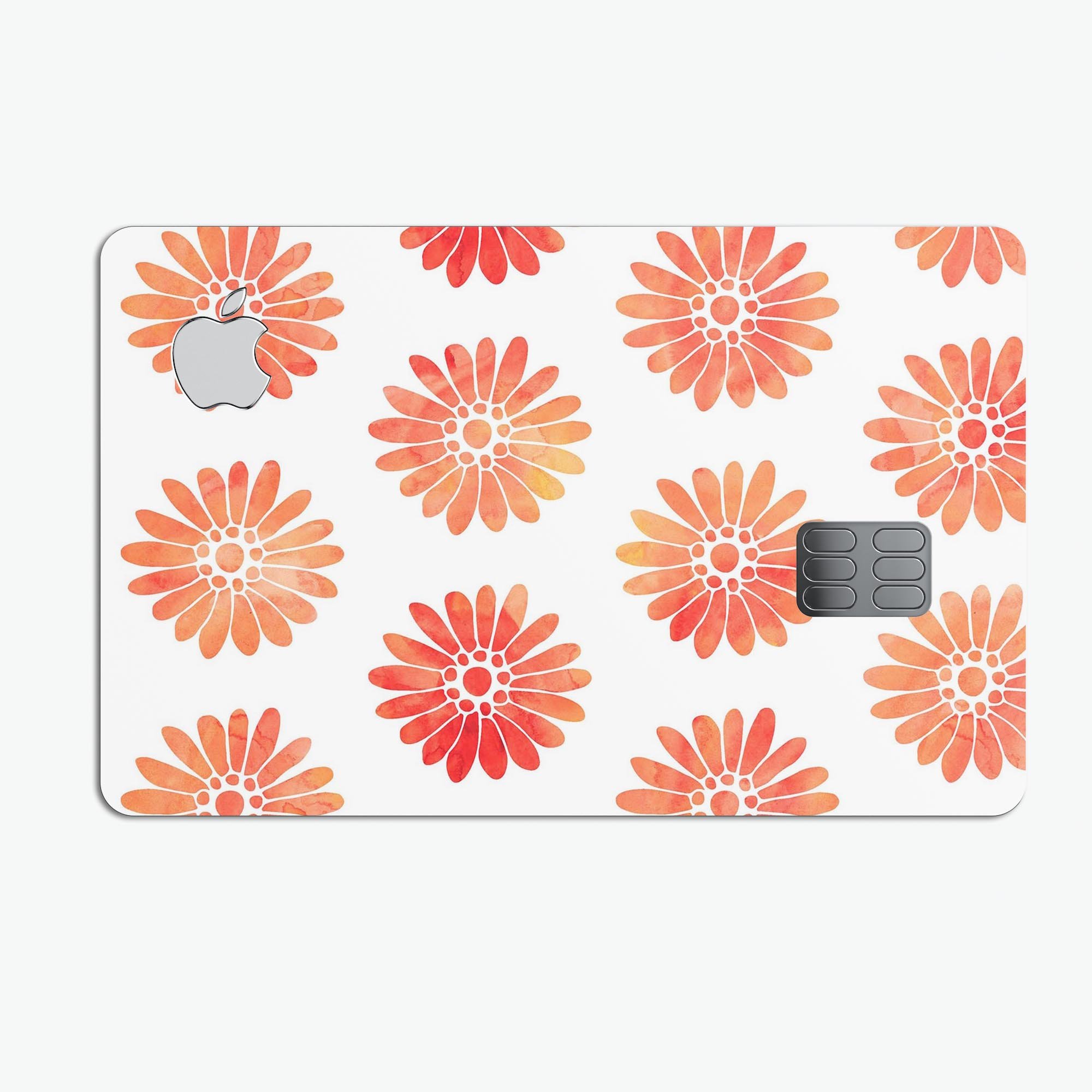 The Red Orange Watercolor Daisies decal skin for Apple Card, showcasing vibrant floral design and premium vinyl material.