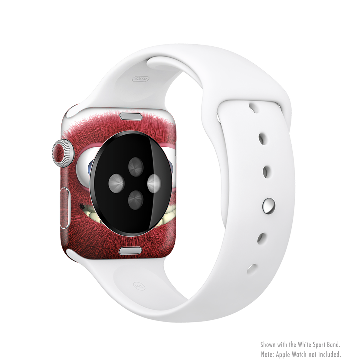 The Red Smiling Fuzzy Wuzzy Full-Body Skin Kit for Apple Watch, showcasing vibrant red color and fuzzy texture.