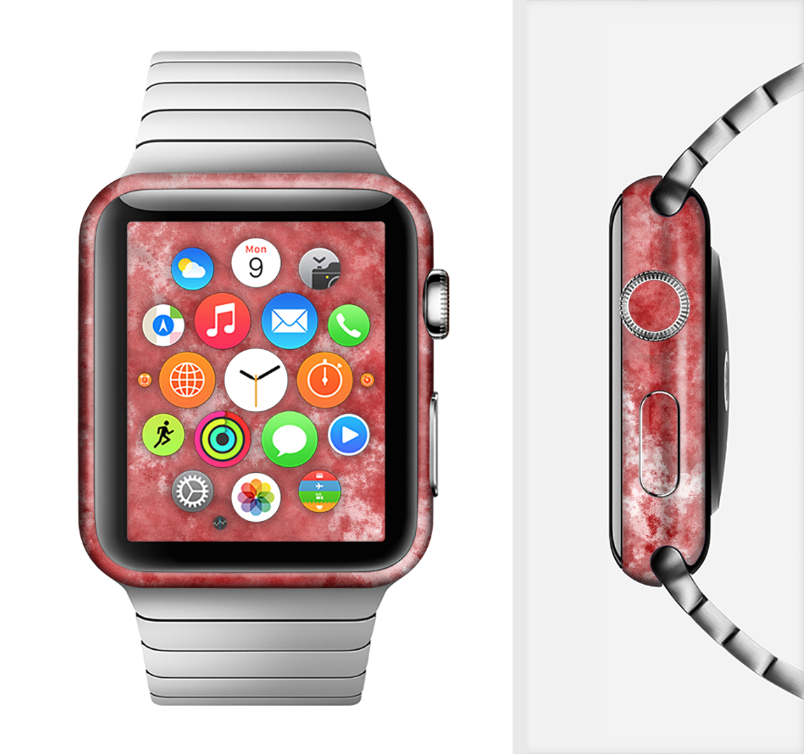 Red Splotted Paint Texture Full-Body Skin Kit for Apple Watch, showcasing vibrant colors and a sleek design.