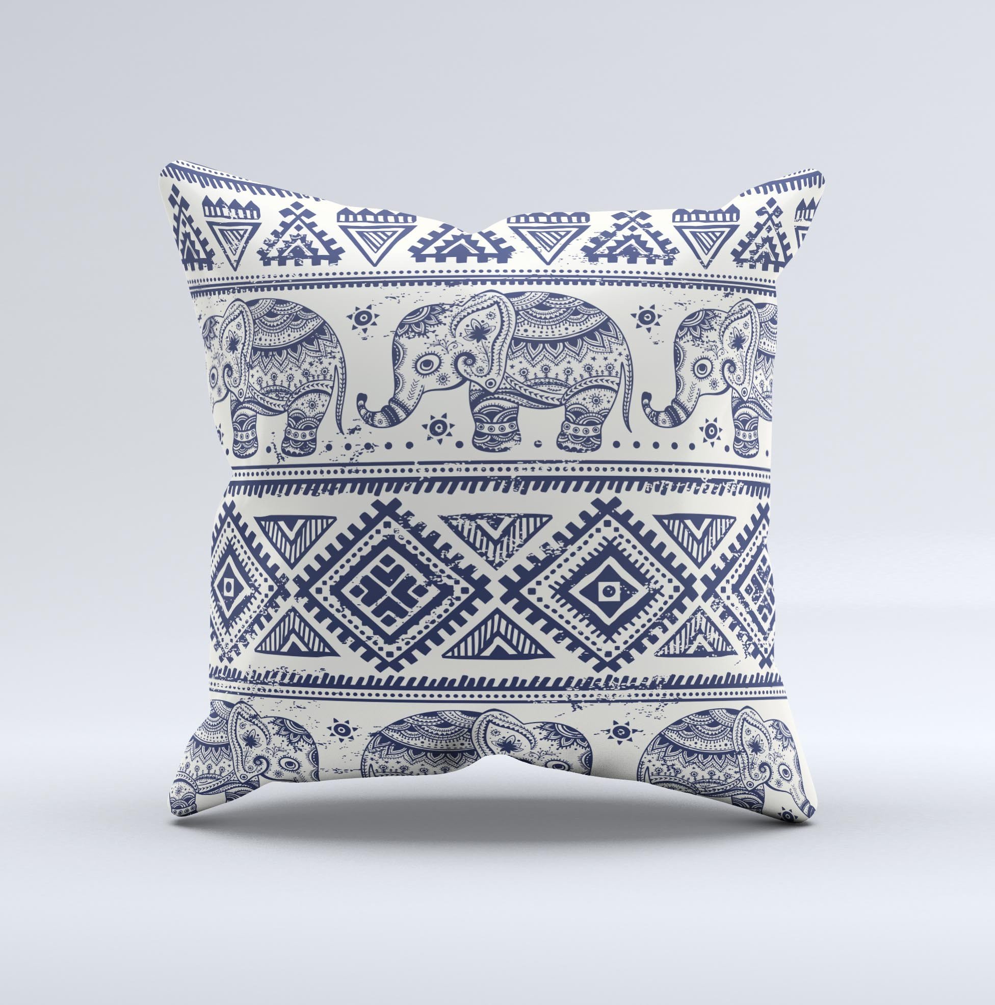 A beautifully crafted decorative throw pillow featuring a sacred elephant pattern, showcasing vibrant colors and unique handmade details.