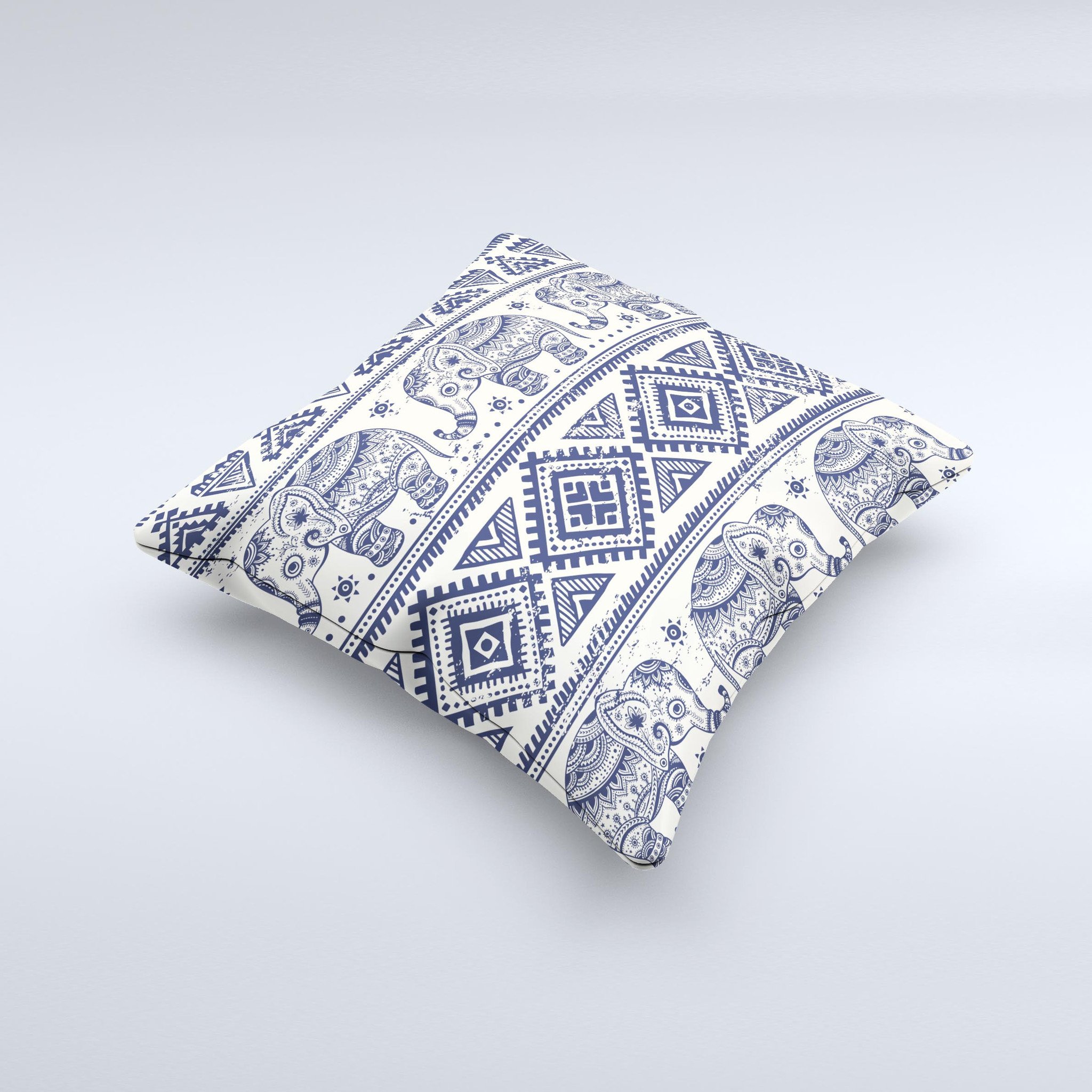 A beautifully crafted decorative throw pillow featuring a sacred elephant pattern, showcasing vibrant colors and unique handmade details.