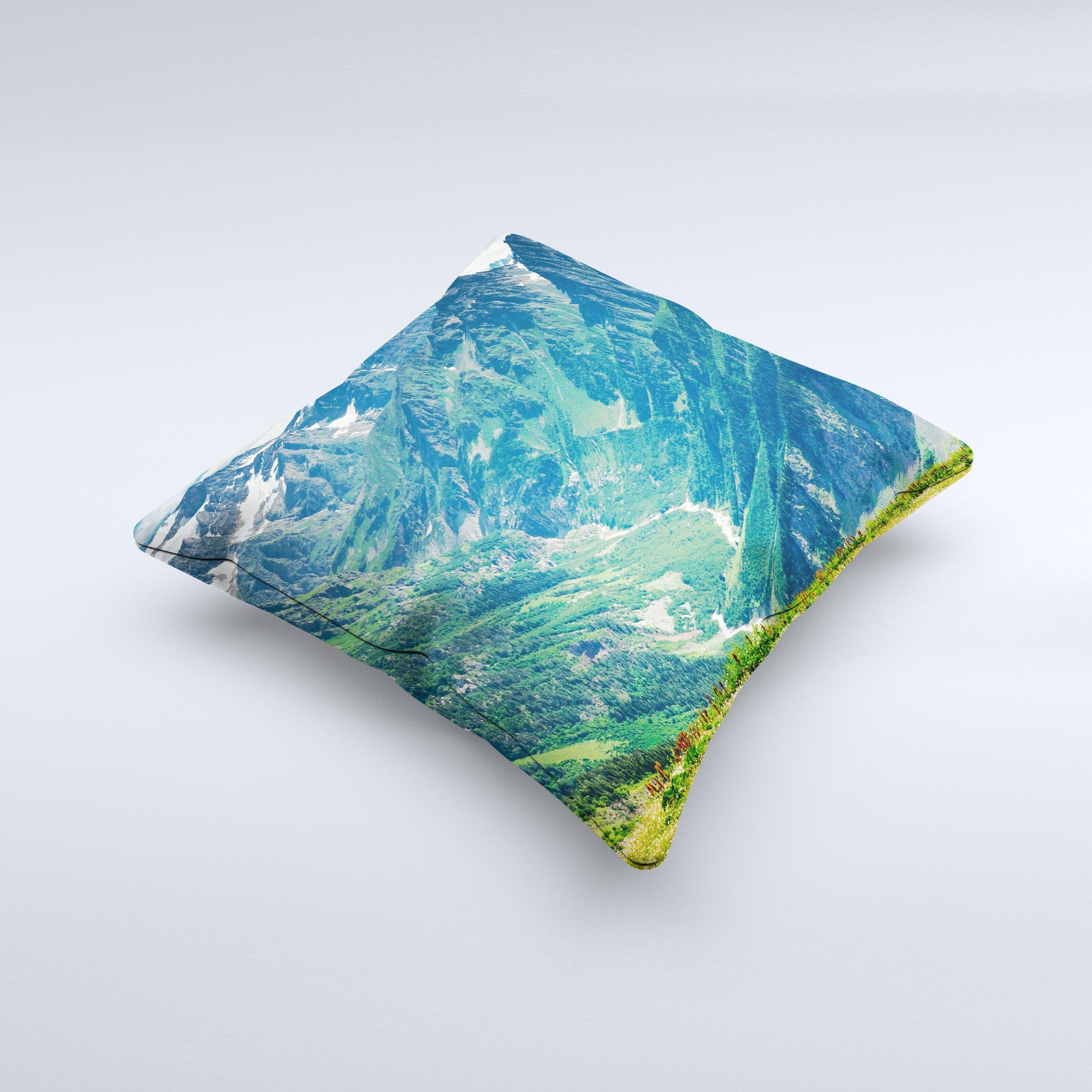 A beautifully crafted Scenic Mountaintops ink-Fuzed Decorative Throw Pillow showcasing a serene mountain landscape design, perfect for home decor.