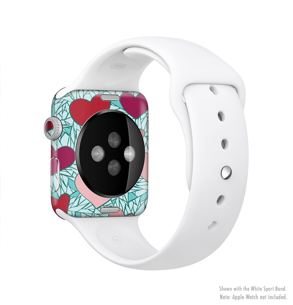 The Sharded Hearts On Teal Full-Body Skin Kit for Apple Watch, showcasing a vibrant teal background with a unique heart design.