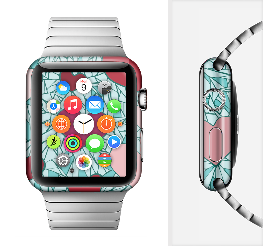 The Sharded Hearts On Teal Full-Body Skin Kit for Apple Watch, showcasing a vibrant teal background with a unique heart design.