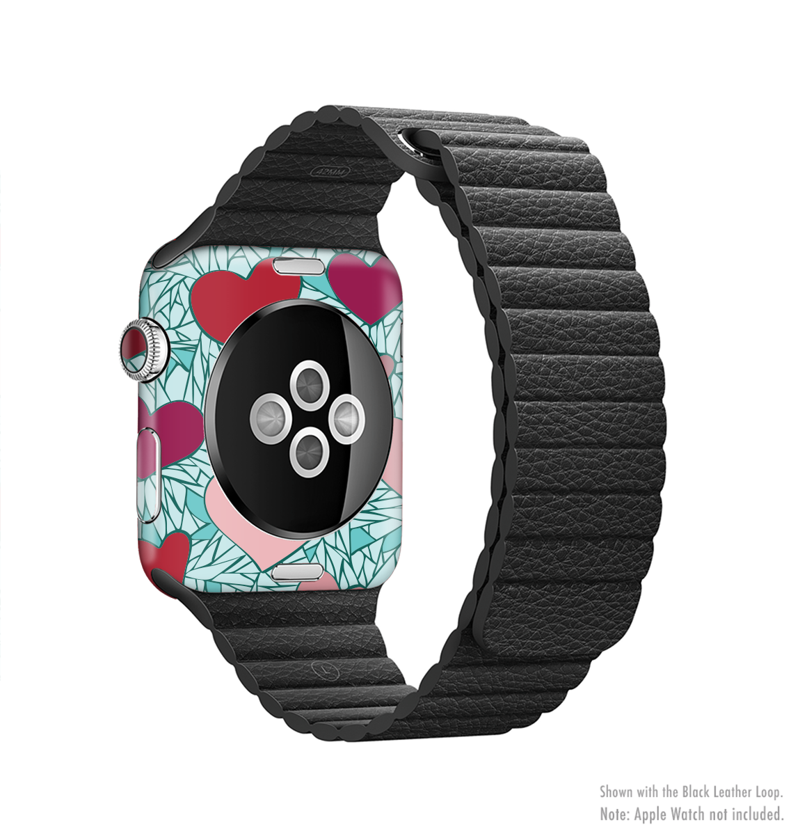 The Sharded Hearts On Teal Full-Body Skin Kit for Apple Watch, showcasing a vibrant teal background with a unique heart design.