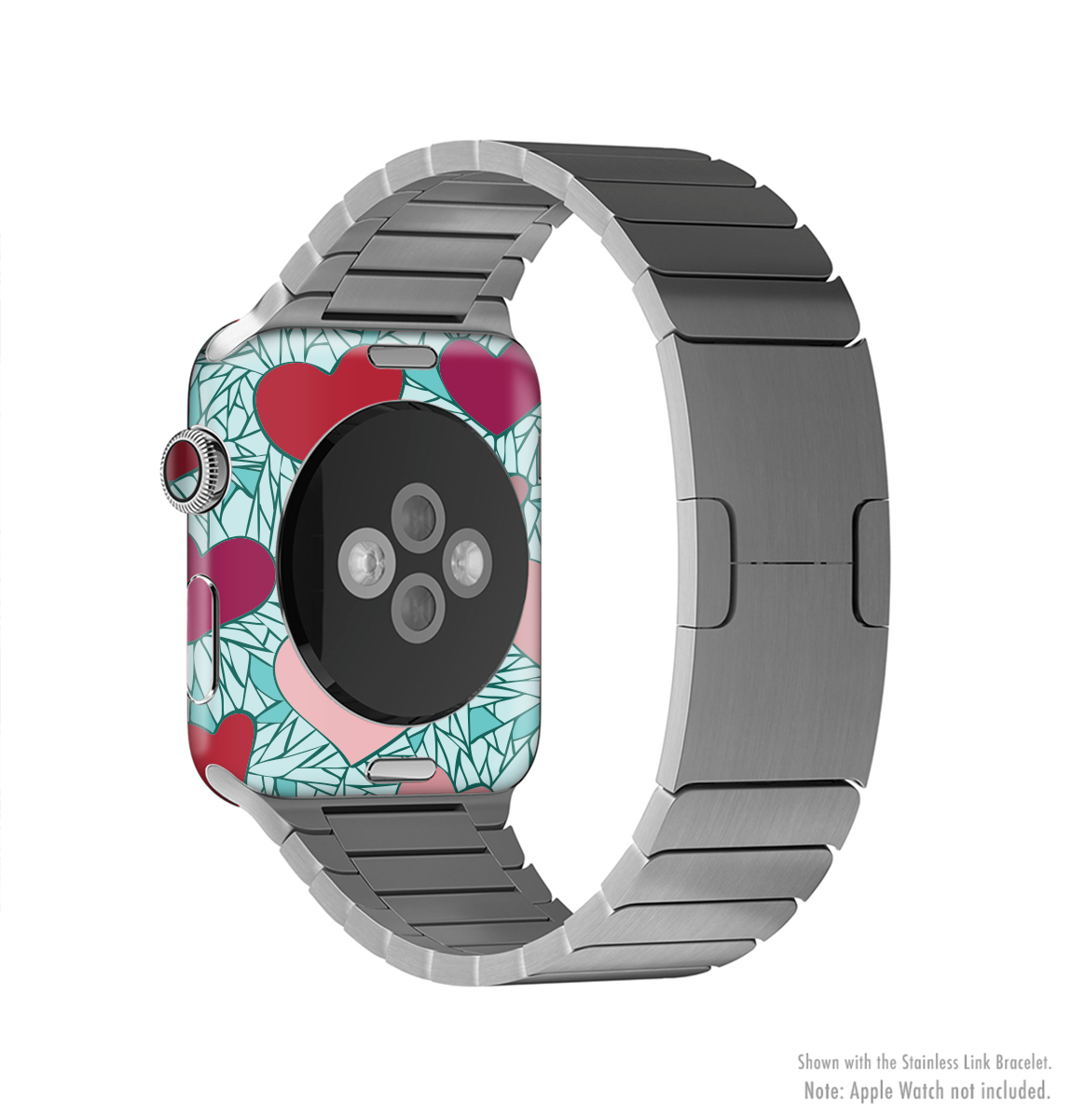 The Sharded Hearts On Teal Full-Body Skin Kit for Apple Watch, showcasing a vibrant teal background with a unique heart design.