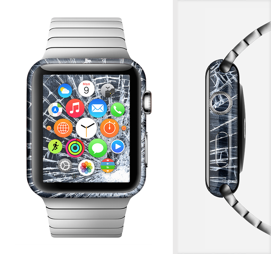 The Shattered Glass Full-Body Skin Kit for Apple Watch showcasing a stylish shattered glass design on a sleek watch.