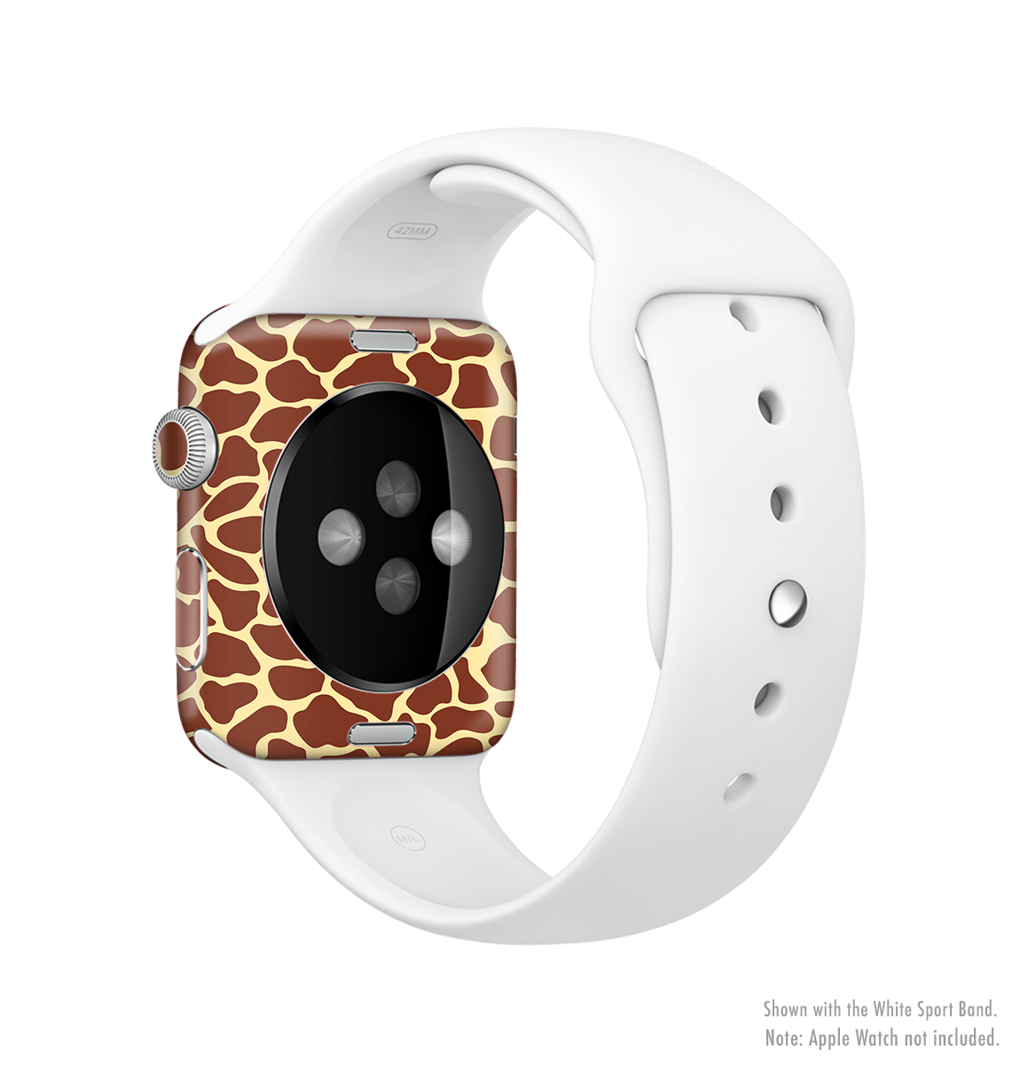 A stylish Apple Watch with a giraffe print skin, showcasing its unique design and full-body coverage.