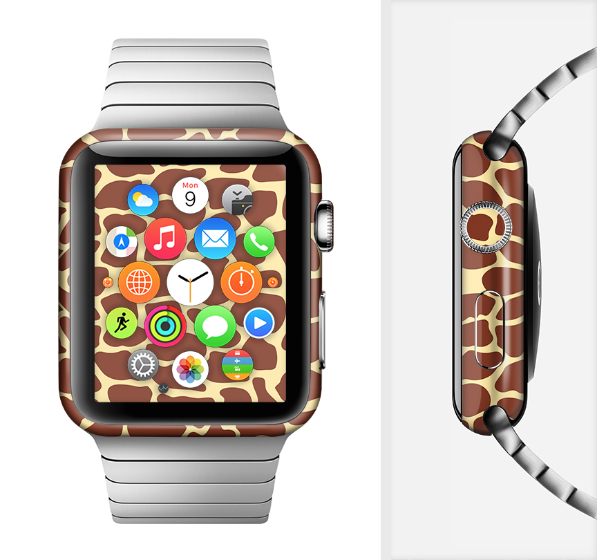 A stylish Apple Watch with a giraffe print skin, showcasing its unique design and full-body coverage.